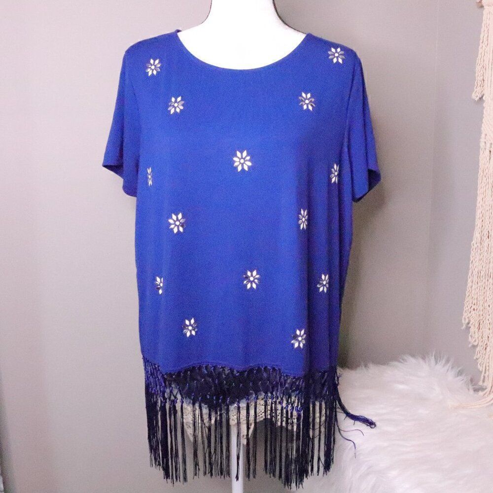 Ruby Rd. | Short Sleeve Top Floral Fringe Large - Picture 2 of 7